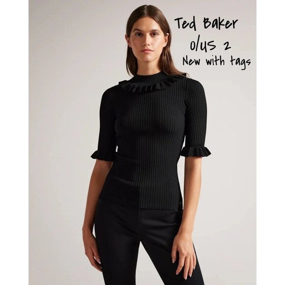 Ted Baker Women's Fitted Top Frill Neck Detail in Black, Katella Size 0/US 2 New - Picture 1 of 5